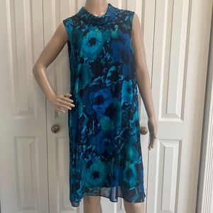 Connected Apparel Womens Size 10 Blue and Green Floral Dress. Collar. Sleeveless